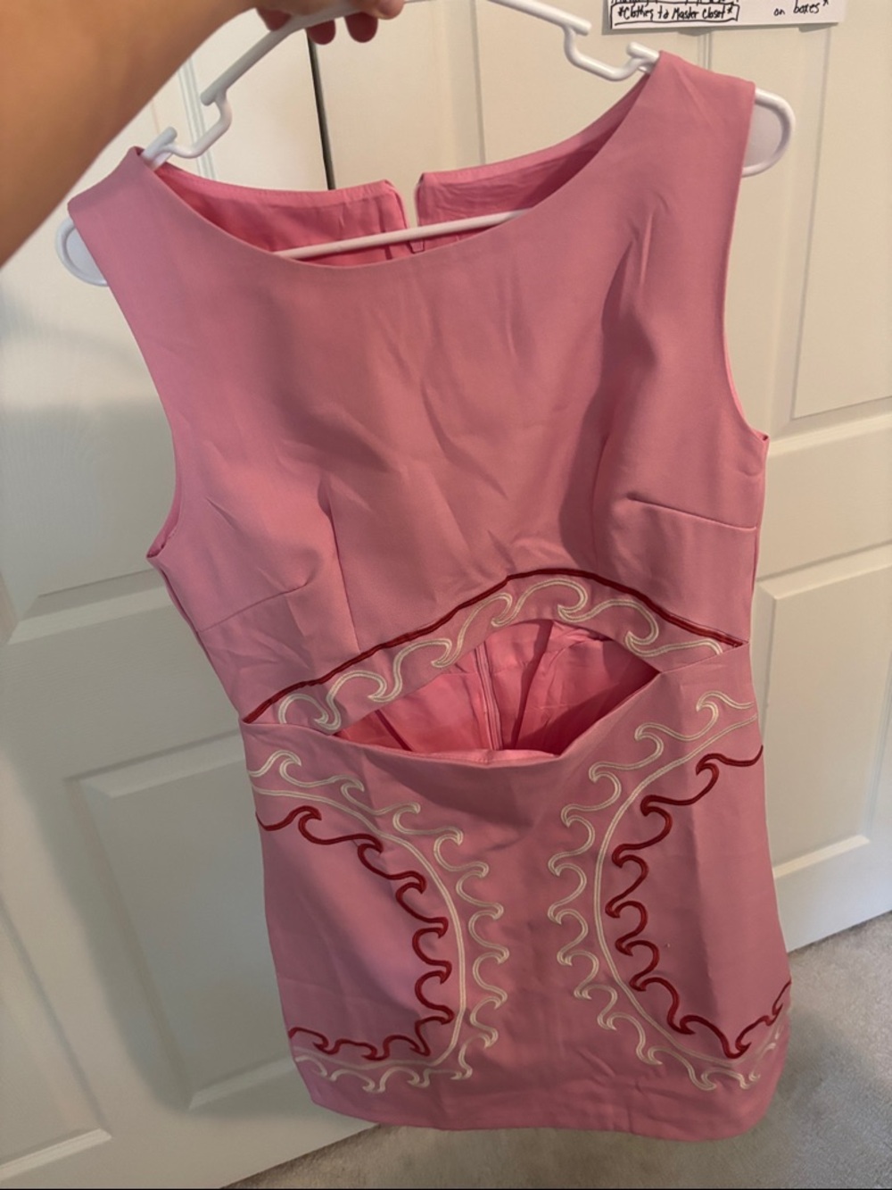 Trendy boutique Pink Mini Dress with Red & White Embroidery